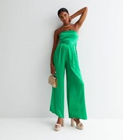 New Look Green Satin Jacquard Corset Belted Wide Leg Jumpsuit